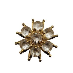 Vintage Gold Tone Flower Brooch Clear Plastic Stones 1950s Mid Century
